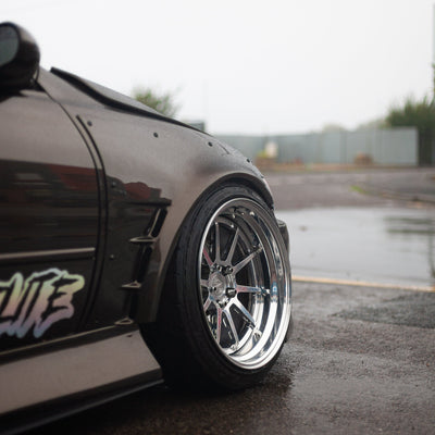 Zento MS1 x Toyota Altezza Industrial Estate with camber, shown with polished finish and Zentino tyres urban shot