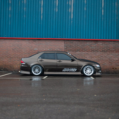 Zento MS1 x Toyota Altezza Industrial Estate with camber, shown with polished finish and Zentino tyres urban shot