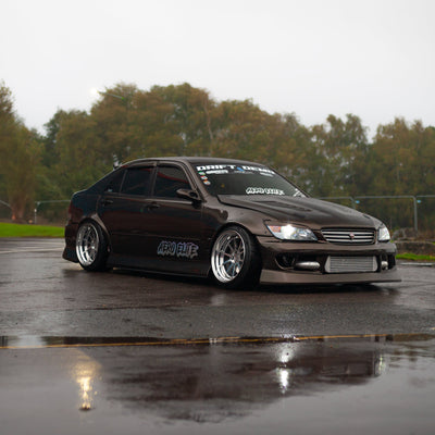 Zento MS1 x Toyota Altezza Industrial Estate with camber, shown with polished finish and Zentino tyres urban shot