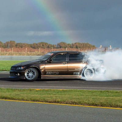 Zento MS1 x Toyota Altezza Drift Matsuri with camber, shown with polished finish and Zentino tyres with Rainbow